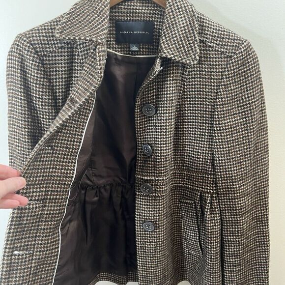 Banana Republic Women’s Wool Blend Houndstooth Blazer Size S 2 Brown Britishcore - Picture 3 of 9